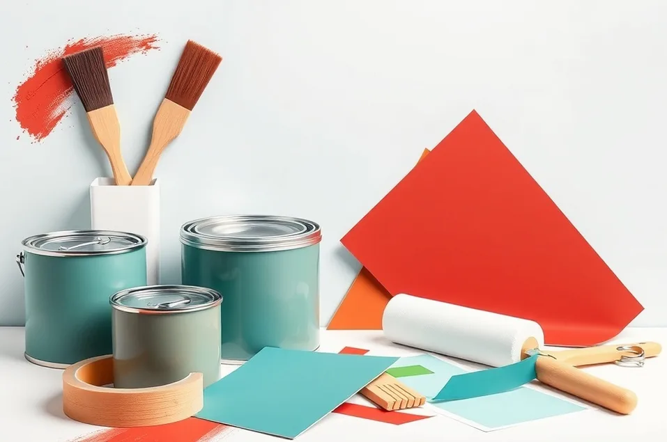 Pots de peinture, nuancier, brosses et rouleaux disposés à plat