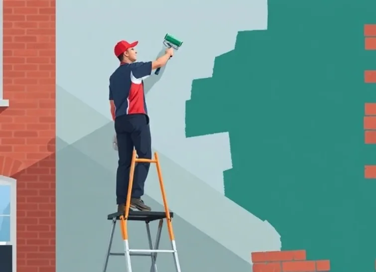 Peintre sur échafaudage traitant la façade d'une maison