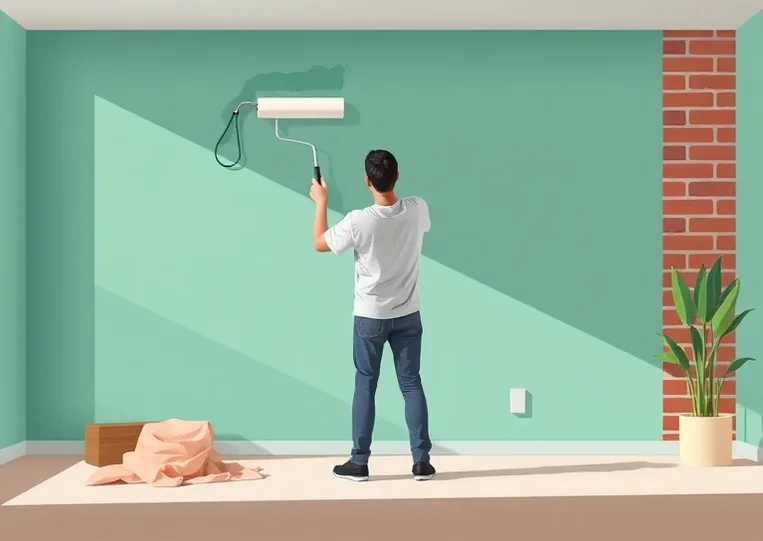 Peintre appliquant la peinture au rouleau sur un mur de salon
